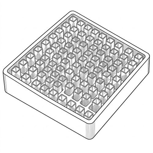 Line art illustration: Rectangular case holding a grid of numerous small, square, hollow cuvettes