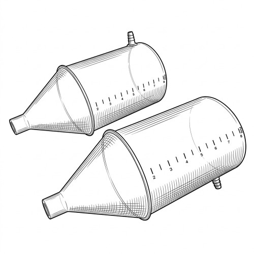 Line art illustration: Two transparent, graduated funnel-cylinders, each with a narrow spout and a side barb