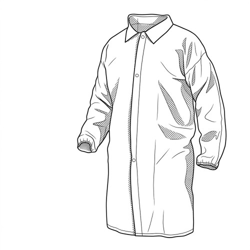 Line art illustration: White lab coat with collar, front buttons, and long sleeves with elasticated cuffs