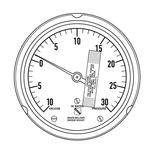 Line art illustration: Ashcroft dial, 10 vacuum to 30 pressure in inches of water