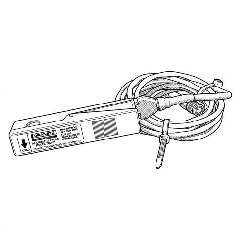 Line art illustration: Dranetz TR2021 AC current probe with a clamp-on body, coiled cable, and BNC connector