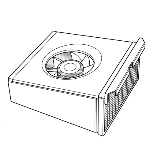 Line art illustration: SGI fan blower assembly with top-mounted fan and side grille