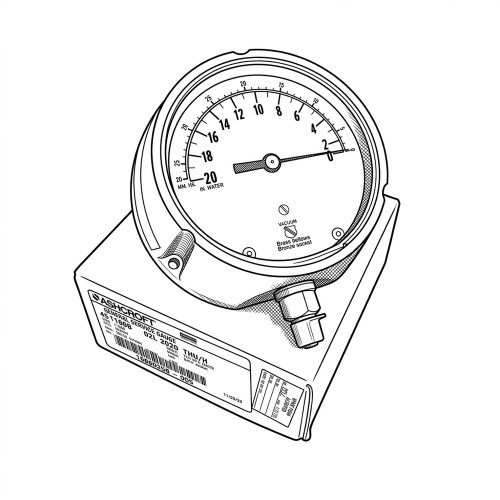 Line art illustration: Ashcroft vacuum gauge with a circular face, pointer, numbered scales, and attached product box
