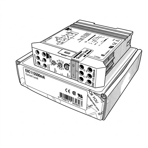 Line art illustration: Carlo Gavazzi EIIC115500mA overcurrent relay with control dials, terminals, and model number on box