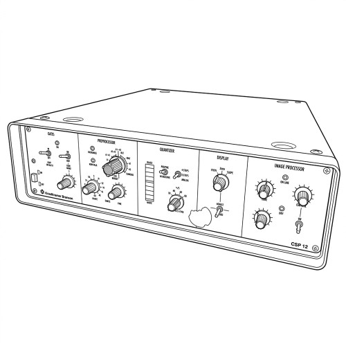 Line art illustration: Krautkramer Branson CSP 12 ultrasonic converter, front panel features gates, preprocessor, quantizer, display, image processor