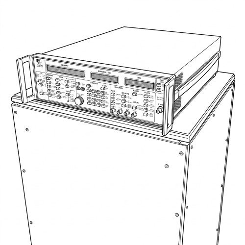 Line art illustration: A Synthesized Sweep Generator featuring a detailed front panel with displays, controls, atop a base unit