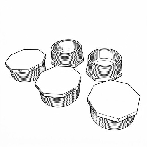 Line art illustration: Five CPVC threaded plugs with octagonal heads, two showing internal threads