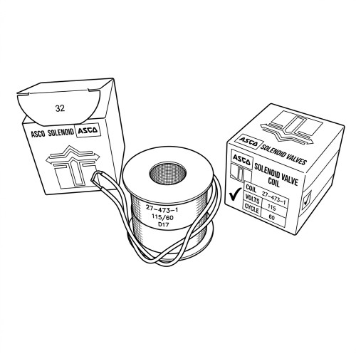 Line art illustration: Two ASCO 27-473-1 115V/60Hz replacement coils, one visible with wires, plus two boxes