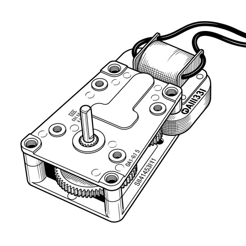 Line art illustration: Gearmotor with rectangular housing, exposed gears, output shaft, and an attached electromagnetic coil