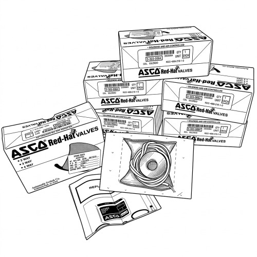 Line art illustration: ASCO Red-Hat solenoid valve coil boxes, one open showing coil, with spare parts kit