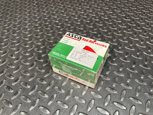 Asco 222345-009-D Replacement Coil box, 120V 20 Watts, labeled Red-Hat Valves on a diamond plate surface.