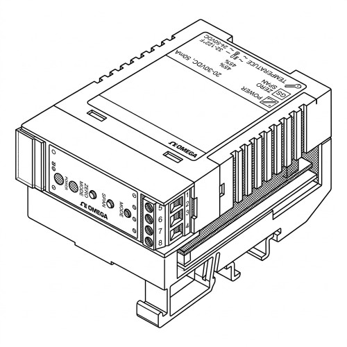 Line art illustration: Omega DIN mount TC converter with front controls, numbered terminals, and side vents