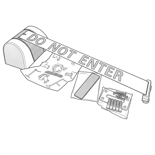 Line art illustration: Magnetic retractable belt barrier with "DO NOT ENTER" belt, receiver, instructions, and mounting hardware