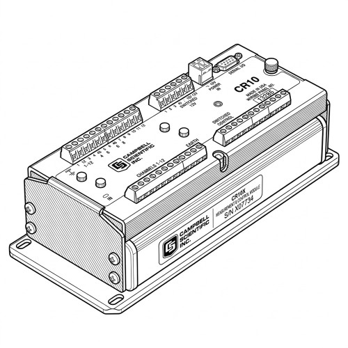 Line art illustration: Campbell Scientific CR10X/CR10 data logger with numerous input, power, and control ports