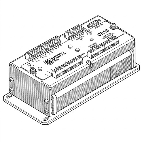 Line art illustration: Campbell Scientific CR10 data logger with numerous screw terminals for connections and a serial I/O port