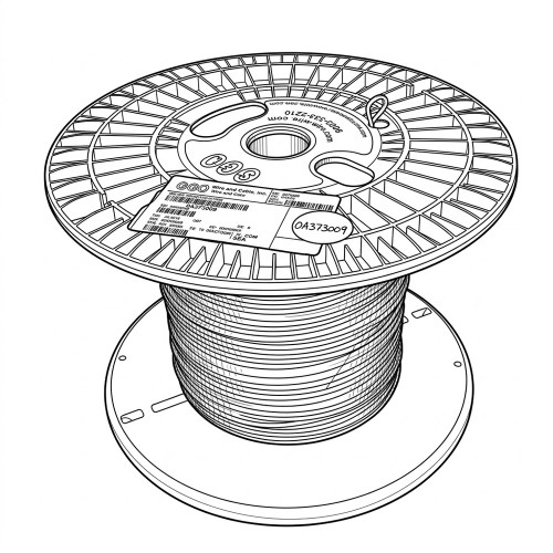 Line art illustration: A spool of hook-up wire with a product label and barcode visible on the top flange