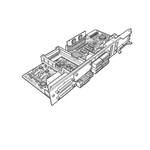 Line art illustration: Siemens SIMODRIVE Servo Drive Module: circuit boards, chips, and various D-sub and rectangular connectors