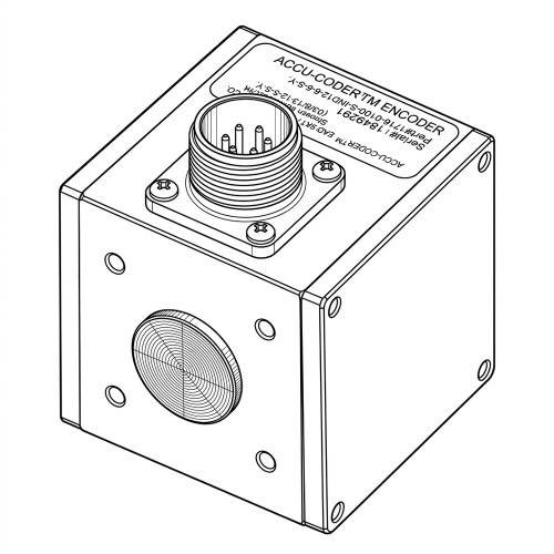 Line art illustration: Cube encoder with multi-pin connector on top and textured shaft on the front face