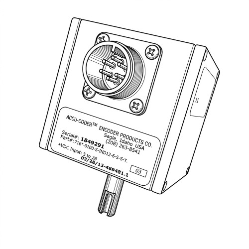 Line art illustration: Accu-Coder shaft encoder with a multi-pin connector, splined shaft, and product label