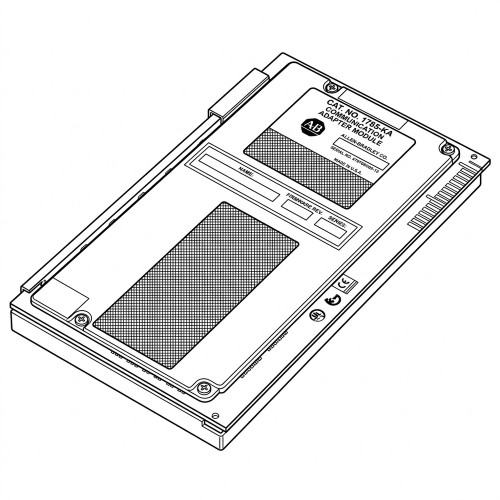 Line art illustration: Allen Bradley 1785-KA communication adapter module with identifying labels, connectors, and certifications