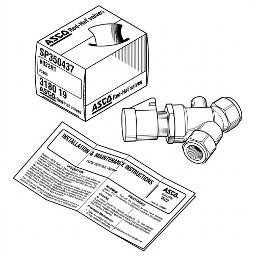 Line art illustration: ASCO flow control valve with threaded pipe connectors, along with its product box and instruction manual