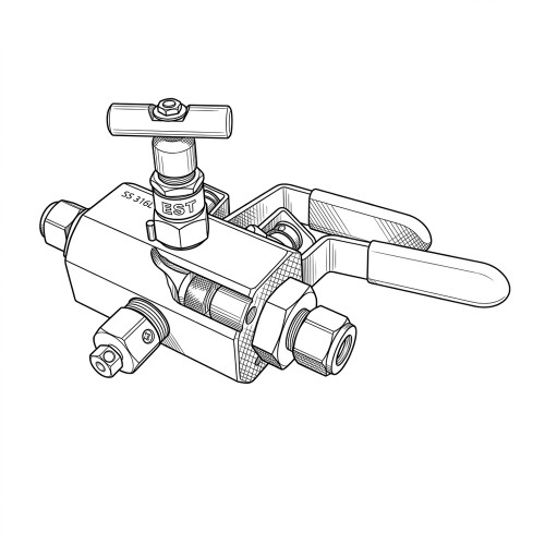 Line art illustration: Swagelok process valve with block body, tee and lever handles, and multiple threaded fittings