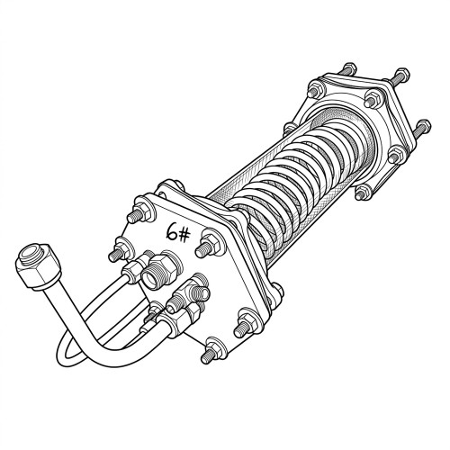 Line drawing of the coil chamber with bolted end plates and bent tube