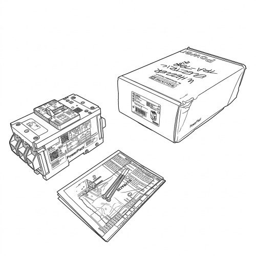 Line art illustration: PowerPact circuit breaker, its product box, instruction manual, and mounting screws