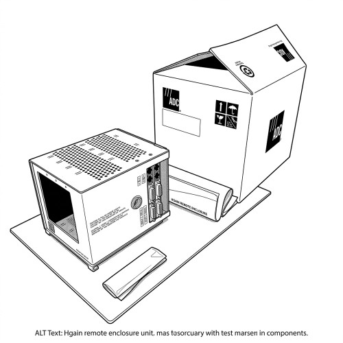 Line art illustration: ADC HRE-204 L3A enclosure, unboxed, with shipping carton and manual