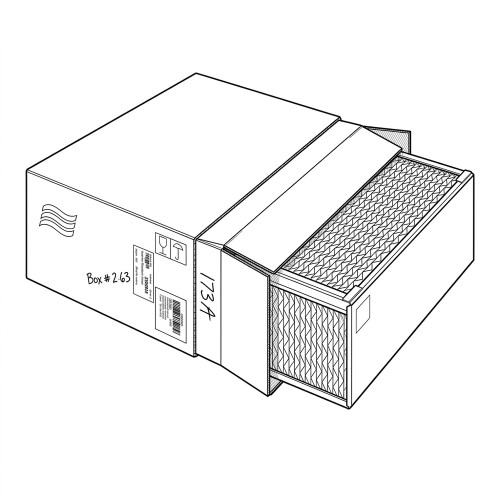 Line art illustration: Nortec humidifier cassette partially out of its carton, revealing pleated filter media