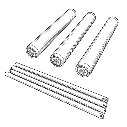 Line art illustration: Three steel gravity conveyor rollers and four accompanying axles