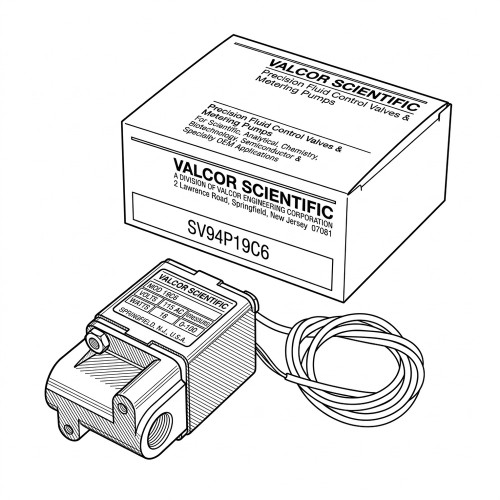 Line art illustration: Valcor Scientific solenoid valve with a labeled coil, coiled wiring, and product box
