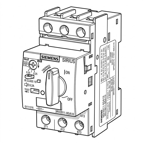 Line art illustration: Siemens Sirius 3RV2011-0GA10 circuit breaker with control handle, current dial, and electrical terminals