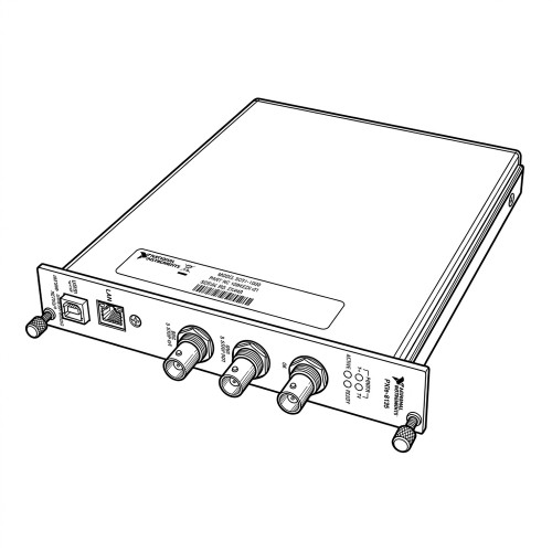 Line art illustration: National Instruments SCXI-1600 USB data acquisition and control module with LAN, BNC, and status LEDs