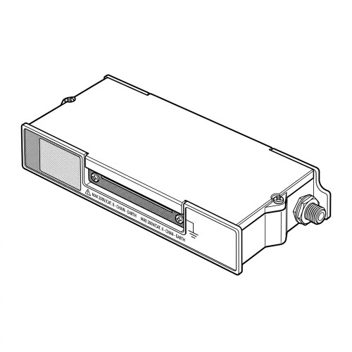 Line art illustration: Rectangular high-voltage attenuator terminal block with mesh panel, warning text, and threaded connector