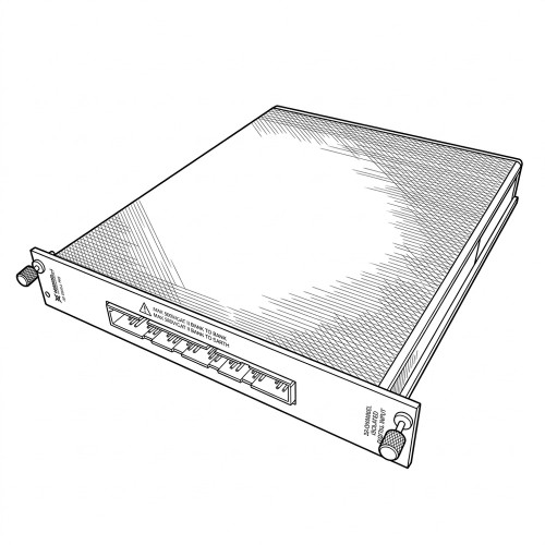 Line art illustration: National Instruments 32-channel digital input module with eight front-panel RJ-style ports and fasteners