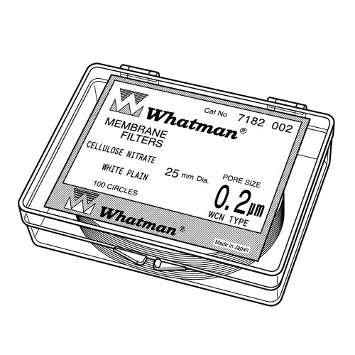 Line art illustration: Whatman 0.2µm cellulose nitrate membrane filters (100 circles, 25mm dia) in clear plastic packaging