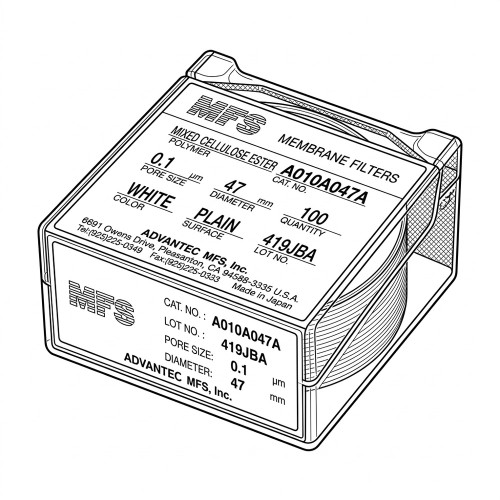 Line art illustration: Advantec MFS A010A047A Mixed Cellulose Ester membrane filters (0.1µm, 47mm) in a clear container