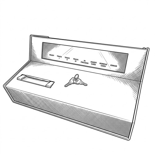 Line art illustration: Elcom Industries triple track card reader with status lights, card slot, and keys