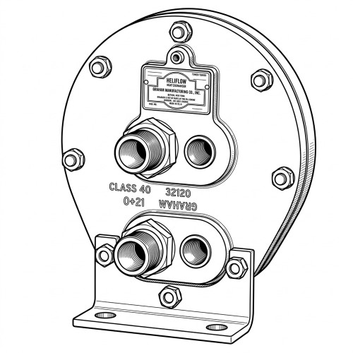 Line art illustration: Heliflow heat exchanger: cylindrical body, multiple ports, bolts, nameplate, and mounting bracket