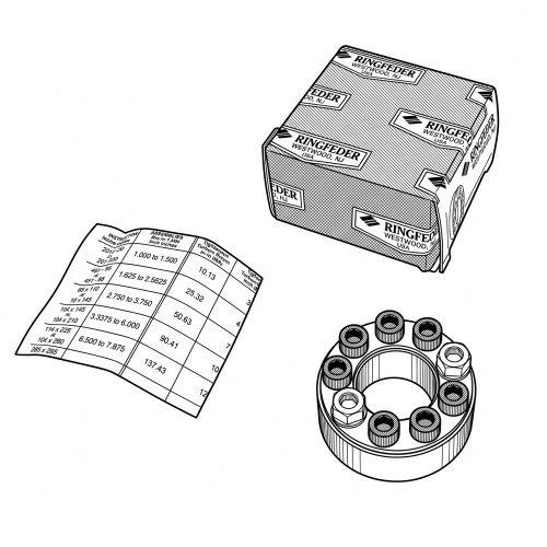 Line art illustration: Ringfeder locking assembly: a cylindrical component with eight fasteners, its branded box, and instructions