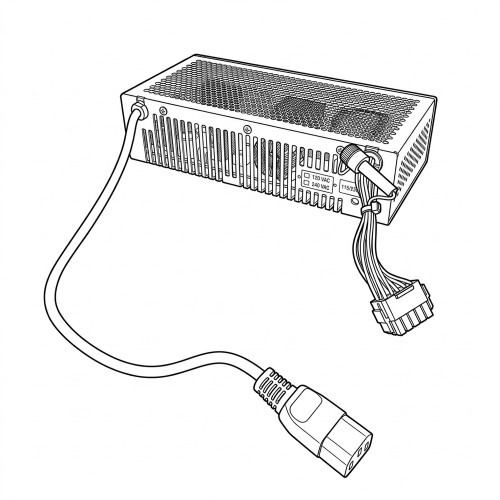 Line art illustration: Computer power supply unit with AC input cable, internal output connector, and voltage selector