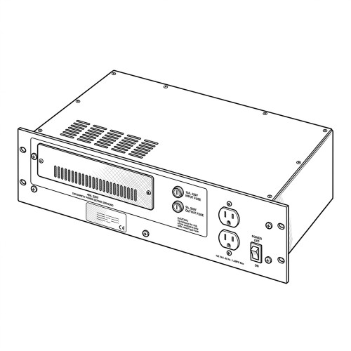 Line art illustration: Ericsson Inc. SXUM01 Commercial Power Supply rear panel with fuses, two outlets, and a power switch