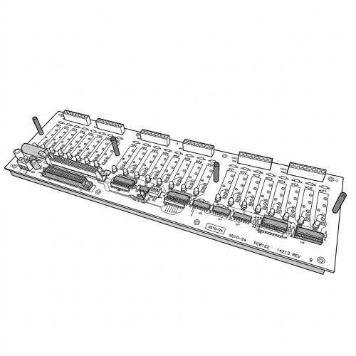 Line art illustration: Keithley SSIO-24 24-channel solid-state relay I/O board with multiple connectors and components
