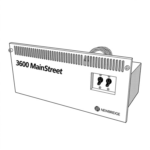 Line art illustration: Newbridge 3600 MainStreet power shelf with vented front panel, two switches, and rear cables