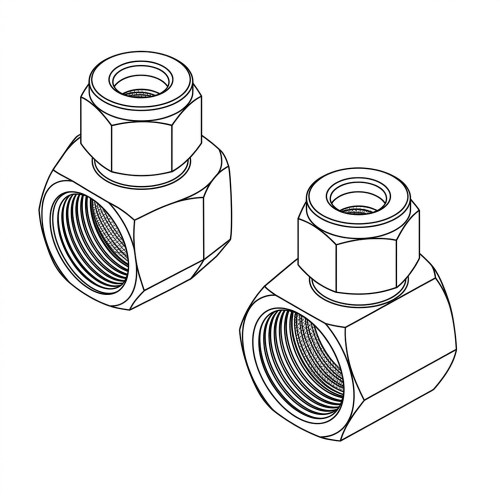 Line art illustration: Two Swagelok 90-degree elbow fittings, each with an internal thread and compression nut