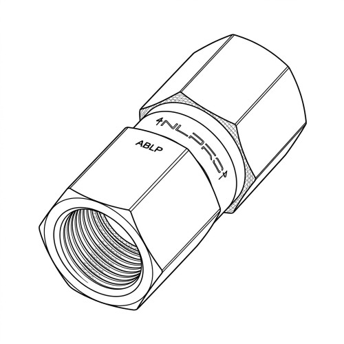 Line art illustration: Swagelok/Nupro check valve with hexagonal ends, one showing internal threading and product markings
