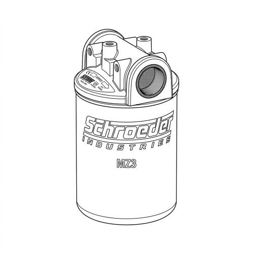 Line art illustration: Schroeder MZ3 return filter housing with top manifold, threaded ports, and brand labeling
