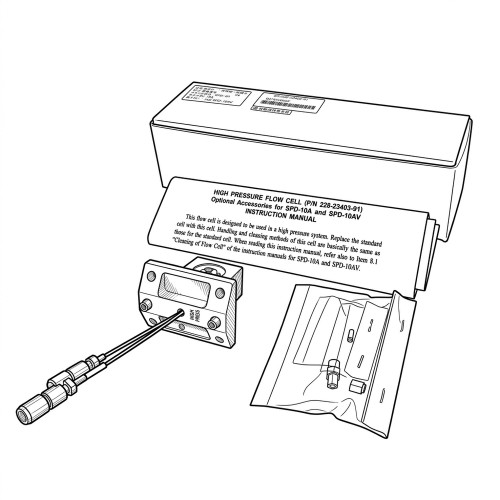 Line art illustration: High pressure flow cell, instruction manual, separate fittings in a bag, and product box