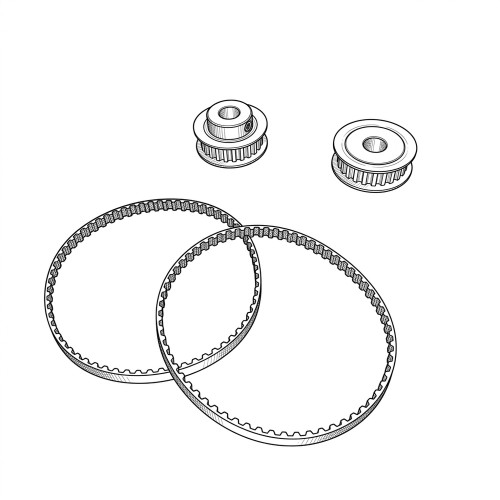 Line art illustration: Two gear belt pulleys and two matching toothed belts